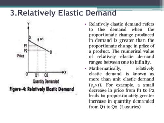 3.Relatively Elastic Demand
• Relatively elastic demand refers
to the demand when the
proportionate change produced
in demand is greater than the
proportionate change in price of
a product. The numerical value
of relatively elastic demand
ranges between one to infinity.
• Mathematically, relatively
elastic demand is known as
more than unit elastic demand
(ep>1). For example, a small
decrease in price from P1 to P2
leads to proportionately greater
increase in quantity demanded
from Q1 to Q2. (Luxuries)
 