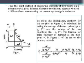 • Thus the point method of measuring elasticity at two points on a
demand curve gives different elasticity coefficients because we used
a different base in computing the percentage change in each case.
To avoid this discrepancy, elasticity for
the arc (PM in Figure 4) is calculated by
taking the average of the two prices [(p1 +
p2 )½] and the average of the two
quantities [(q, +q2 )½]. The formula for
price elasticity of demand at the mid-
point (C in Figure 4) of the arc on the
demand curve is
 