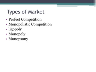 Types of Market
• Perfect Competition
• Monopolistic Competition
• ligopoly
• Monopoly
• Monopsony
 