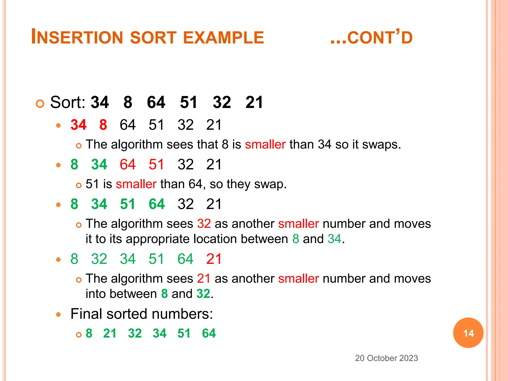 INSERTION SORT EXAMPLE ...CONT’D
14
20 October 2023
 Sort: 34 8 64 51 32 21
 34 8 64 51 32 21
 The algorithm sees that 8 is smaller than 34 so it swaps.
 8 34 64 51 32 21
 51 is smaller than 64, so they swap.
 8 34 51 64 32 21
 The algorithm sees 32 as another smaller number and moves
it to its appropriate location between 8 and 34.
 8 32 34 51 64 21
 The algorithm sees 21 as another smaller number and moves
into between 8 and 32.
 Final sorted numbers:
 8 21 32 34 51 64
 