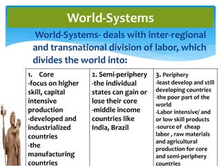 World-Systems- deals with inter-regional
and transnational division of labor, which
divides the world into:
World-Systems
1. Core
-focus on higher
skill, capital
intensive
production
-developed and
industrialized
countries
-the
manufacturing
countries
2. Semi-periphery
-the individual
states can gain or
lose their core
-middle income
countries like
India, Brazil
3. Periphery
-least develop and still
developing countries
-the poor part of the
world
-Labor intensive/ and
or low skill products
-source of cheap
labor , raw materials
and agricultural
production for core
and semi-periphery
countries
 