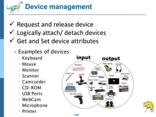 Device management
2.24
 Request and release device
 Logically attach/ detach devices
 Get and Set device attributes
 