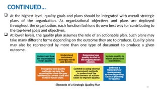 35
CONTINUED…
 At the highest level, quality goals and plans should be integrated with overall strategic
plans of the organization. As organizational objectives and plans are deployed
throughout the organization, each function fashions its own best way for contributing to
the top-level goals and objectives.
 At lower levels, the quality plan assumes the role of an actionable plan. Such plans may
take many different forms depending on the outcome they are to produce. Quality plans
may also be represented by more than one type of document to produce a given
outcome.
Elements of a Strategic Quality Plan
 