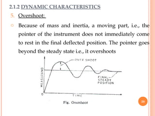 5. Overshoot:
o Because of mass and inertia, a moving part, i.e., the
pointer of the instrument does not immediately come
to rest in the final deflected position. The pointer goes
beyond the steady state i.e., it overshoots
2.1.2 DYNAMIC CHARACTERISTICS
20
 