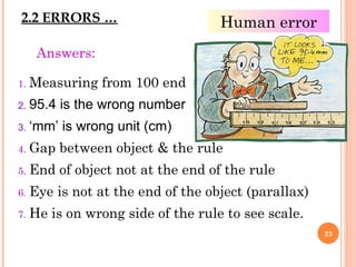 2.2 ERRORS …
1. Measuring from 100 end
2. 95.4 is the wrong number
3. ‘mm’ is wrong unit (cm)
4. Gap between object & the rule
5. End of object not at the end of the rule
6. Eye is not at the end of the object (parallax)
7. He is on wrong side of the rule to see scale.
Answers:
23
Human error
 