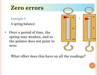 Example 3
A spring balance:
Zero errors
• Over a period of time, the
spring may weaken, and so
the pointer does not point to
zero:
What effect does this have on all the readings?
32
 
