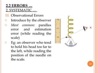 III. Observational Errors
o Introduce by the observer
o Most common: parallax
error and estimation
error (while reading the
scale)
o Eg: an observer who tend
to hold his head too far to
the left, while reading the
position of the needle on
the scale.
38
2. SYSTEMATIC …
2.2 ERRORS …
 