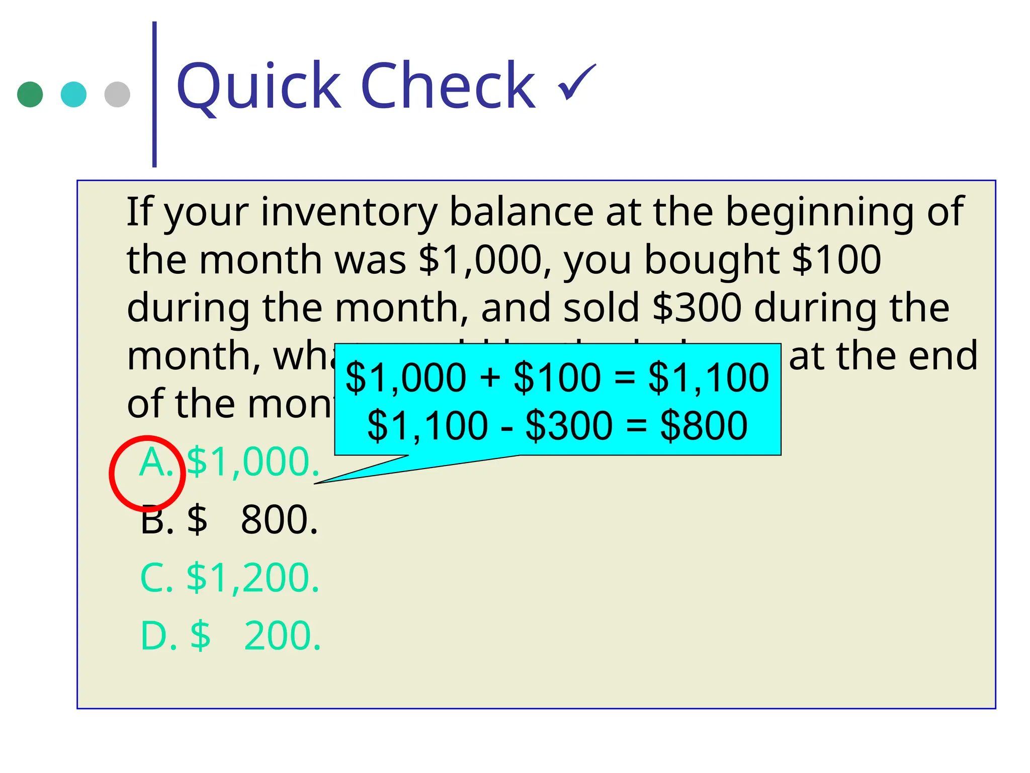 Quick Check 
If your inventory balance at the beginning of
the month was $1,000, you bought $100
during the month, and sold $300 during the
month, what would be the balance at the end
of the month?
A. $1,000.
B. $ 800.
C. $1,200.
D. $ 200.
$1,000 + $100 = $1,100
$1,100 - $300 = $800
 