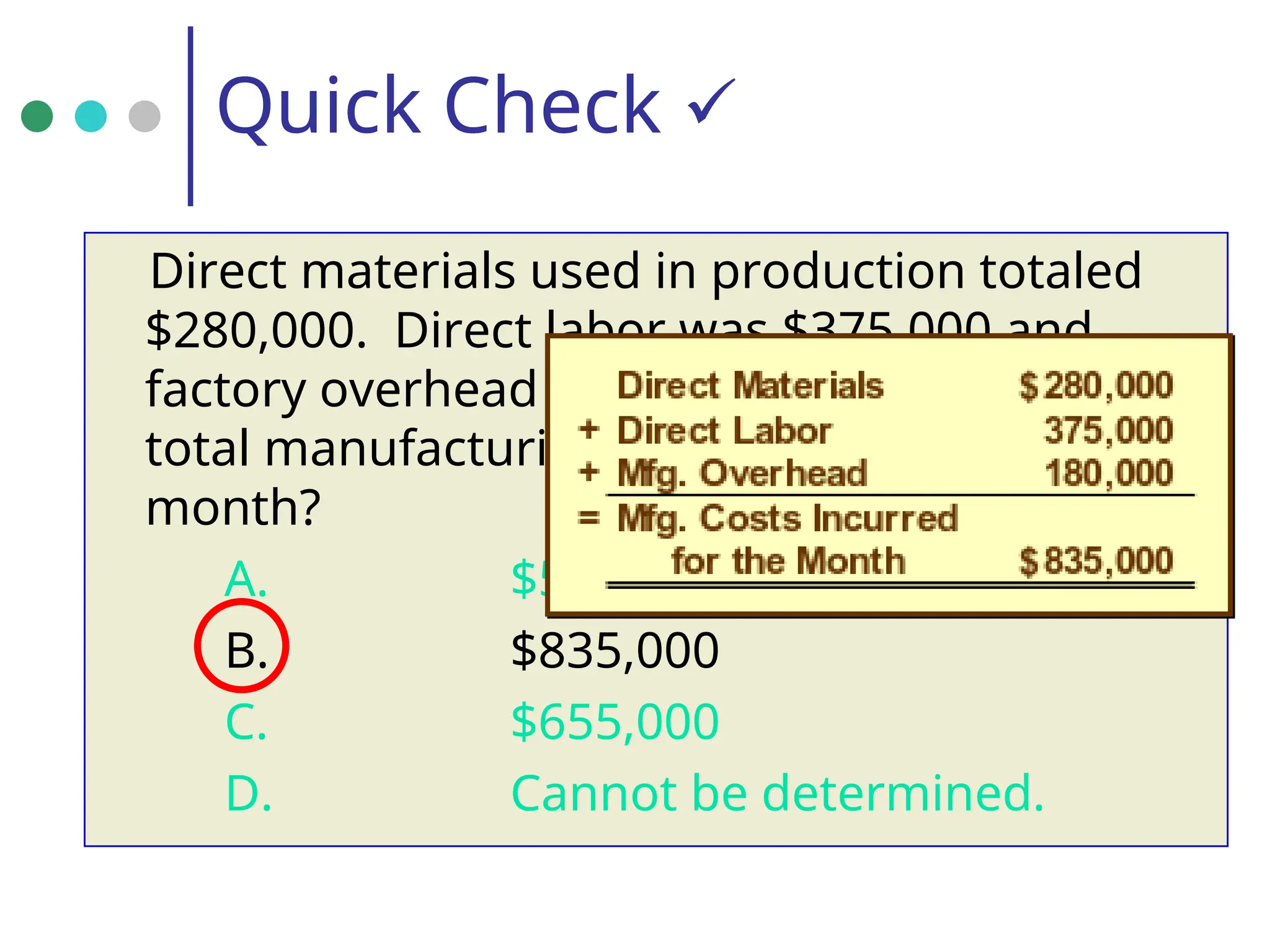 Direct materials used in production totaled
$280,000. Direct labor was $375,000 and
factory overhead was $180,000. What were
total manufacturing costs incurred for the
month?
A. $555,000
B. $835,000
C. $655,000
D. Cannot be determined.
Quick Check 
 