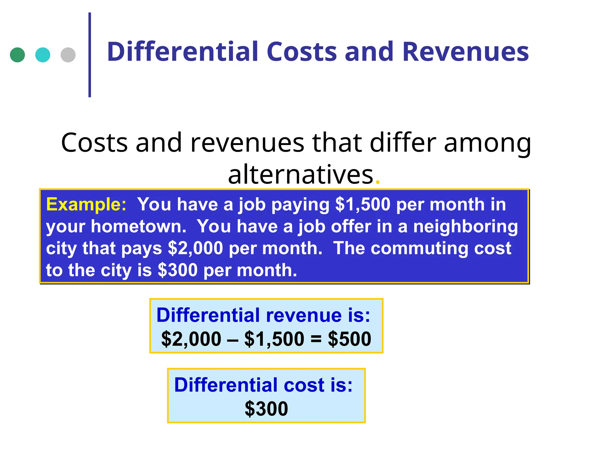 Differential Costs and Revenues
Costs and revenues that differ among
alternatives.
Example: You have a job paying $1,500 per month in
your hometown. You have a job offer in a neighboring
city that pays $2,000 per month. The commuting cost
to the city is $300 per month.
Differential revenue is:
$2,000 – $1,500 = $500
Differential cost is:
$300
 