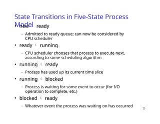 23
State Transitions in Five-State Process
Model
• new  ready
– Admitted to ready queue; can now be considered by
CPU scheduler
• ready  running
– CPU scheduler chooses that process to execute next,
according to some scheduling algorithm
• running  ready
– Process has used up its current time slice
• running  blocked
– Process is waiting for some event to occur (for I/O
operation to complete, etc.)
• blocked  ready
– Whatever event the process was waiting on has occurred
 