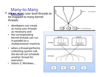 Many-to-Many
Model
 Allows many user level threads to
be mapped to many kernel
threads.
• developers can create
as many user threads
as necessary and
• the corresponding
Kernel threads can run
in parallel on a
multiprocessor machine.
• when a thread performs
a blocking system call,
the kernel can schedule
another thread for
execution.
• Solaris 2, Windows…
 