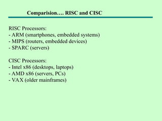 RISC Processors:
- ARM (smartphones, embedded systems)
- MIPS (routers, embedded devices)
- SPARC (servers)
CISC Processors:
- Intel x86 (desktops, laptops)
- AMD x86 (servers, PCs)
- VAX (older mainframes)
Comparision…. RISC and CISC
 