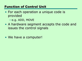 Function of Control Unit
• For each operation a unique code is
provided
—e.g. ADD, MOVE
• A hardware segment accepts the code and
issues the control signals
• We have a computer!
 