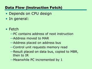 Data Flow (Instruction Fetch)
• Depends on CPU design
• In general:
• Fetch
—PC contains address of next instruction
—Address moved to MAR
—Address placed on address bus
—Control unit requests memory read
—Result placed on data bus, copied to MBR,
then to IR
—Meanwhile PC incremented by 1
 