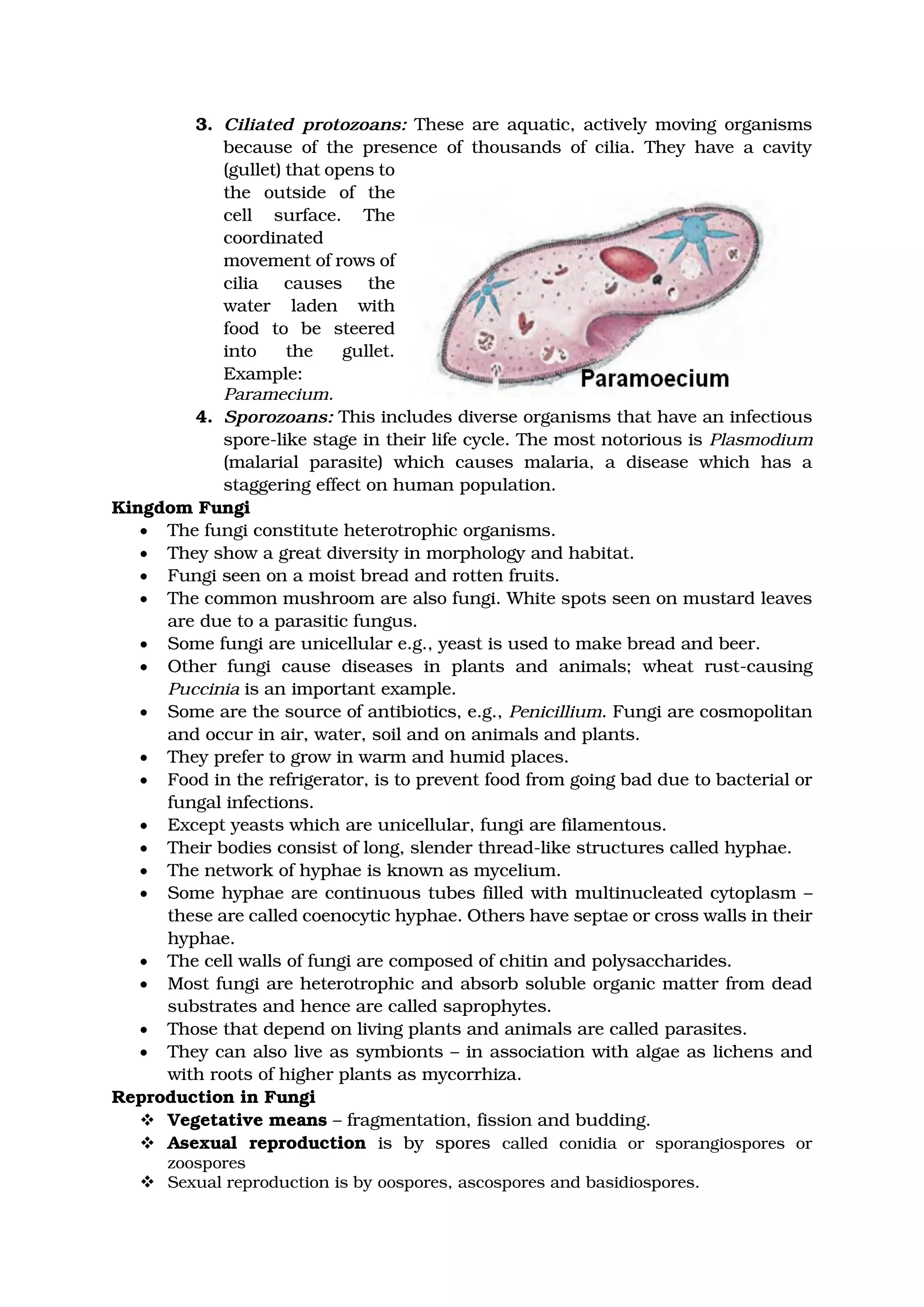 3. Ciliated protozoans: These are aquatic, actively moving organisms
because of the presence of thousands of cilia. They have a cavity
(gullet) that opens to
the outside of the
cell surface. The
coordinated
movement of rows of
cilia causes the
water laden with
food to be steered
into the gullet.
Example:
Paramecium.
4. Sporozoans: This includes diverse organisms that have an infectious
spore-like stage in their life cycle. The most notorious is Plasmodium
(malarial parasite) which causes malaria, a disease which has a
staggering effect on human population.
Kingdom Fungi
• The fungi constitute heterotrophic organisms.
• They show a great diversity in morphology and habitat.
• Fungi seen on a moist bread and rotten fruits.
• The common mushroom are also fungi. White spots seen on mustard leaves
are due to a parasitic fungus.
• Some fungi are unicellular e.g., yeast is used to make bread and beer.
• Other fungi cause diseases in plants and animals; wheat rust-causing
Puccinia is an important example.
• Some are the source of antibiotics, e.g., Penicillium. Fungi are cosmopolitan
and occur in air, water, soil and on animals and plants.
• They prefer to grow in warm and humid places.
• Food in the refrigerator, is to prevent food from going bad due to bacterial or
fungal infections.
• Except yeasts which are unicellular, fungi are filamentous.
• Their bodies consist of long, slender thread-like structures called hyphae.
• The network of hyphae is known as mycelium.
• Some hyphae are continuous tubes filled with multinucleated cytoplasm –
these are called coenocytic hyphae. Others have septae or cross walls in their
hyphae.
• The cell walls of fungi are composed of chitin and polysaccharides.
• Most fungi are heterotrophic and absorb soluble organic matter from dead
substrates and hence are called saprophytes.
• Those that depend on living plants and animals are called parasites.
• They can also live as symbionts – in association with algae as lichens and
with roots of higher plants as mycorrhiza.
Reproduction in Fungi
❖ Vegetative means – fragmentation, fission and budding.
❖ Asexual reproduction is by spores called conidia or sporangiospores or
zoospores
❖ Sexual reproduction is by oospores, ascospores and basidiospores.
 