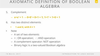 AXIOMATIC DEFINITION OF BOOLEAN
ALGEBRA
1 8 M a r c h , 2 0 1 7 I N T R O D U C T I O N T O L O G I C D E S I G N
20
5. Complement
– x+x‘ = 1 → 0+0‘ = 0+1 = 1; 1+1‘ = 1+0 = 1
6. Has two distinct elements
 1 and 0, with 0 ≠ 1
• Note
– A set of two elements
– + : OR operation; ．: AND operation
– A complement operator: NOT operation
– Binary logic is a two-valued Boolean algebra
 