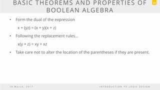 BASIC THEOREMS AND PROPERTIES OF
BOOLEAN ALGEBRA
• Form the dual of the expression
x + (yz) = (x + y)(x + z)
• Following the replacement rules…
x(y + z) = xy + xz
• Take care not to alter the location of the parentheses if they are present.
1 8 M a r c h , 2 0 1 7 I N T R O D U C T I O N T O L O G I C D E S I G N
23
 