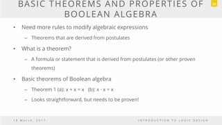 BASIC THEOREMS AND PROPERTIES OF
BOOLEAN ALGEBRA
1 8 M a r c h , 2 0 1 7 I N T R O D U C T I O N T O L O G I C D E S I G N
25
• Need more rules to modify algebraic expressions
– Theorems that are derived from postulates
• What is a theorem?
– A formula or statement that is derived from postulates (or other proven
theorems)
• Basic theorems of Boolean algebra
– Theorem 1 (a): x + x = x (b): x · x = x
– Looks straightforward, but needs to be proven!
 