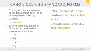 • A binary variable may appear
either in its normal for (x) or in
its complement form (x’).
• Consider :
– x AND y.
• Each variable may appear in
either form, there are four
possible combinations:
– x’ y’
– x’ y
– x y’
– x y
• Each of these four AND term is
called a minterm or a standard
product.
• n variables can be combined to
form 2n minterms.
1 8 M a r c h , 2 0 1 7 I N T R O D U C T I O N T O L O G I C D E S I G N
CANONICAL AND STANDARD FORMS
51
 