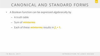 CANONICAL AND STANDARD FORMS
• A Boolean function can be expressed algebraically by
– A truth table
– Sum of minterms
– Each of these minterms results in f1 = 1.
1 8 M a r c h , 2 0 1 7 I N T R O D U C T I O N T O L O G I C D E S I G N
54
 