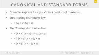 CANONICAL AND STANDARD FORMS
• Example: express F = x y + x’ z in a product of maxterm.
• Step1: using distributive law
– = (xy + x’) (xy + z)
• Step2: using distributive law
– = (x + x’) (y + x’) (x + z) (y + z)
– = 1 (x’ + y) (x + z) (y + z)
– = (x’ + y) (x + z) (y + z)
1 8 M a r c h , 2 0 1 7 I N T R O D U C T I O N T O L O G I C D E S I G N
66
 