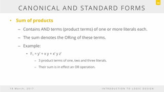 CANONICAL AND STANDARD FORMS
• Sum of products
– Contains AND terms (product terms) of one or more literals each.
– The sum denotes the ORing of these terms.
– Example:
• F1 = y’ + x y + x’ y z’
– 3 product terms of one, two and three literals.
– Their sum is in effect an OR operation.
1 8 M a r c h , 2 0 1 7 I N T R O D U C T I O N T O L O G I C D E S I G N
74
 