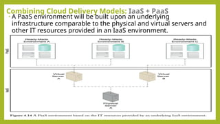 Combining Cloud Delivery Models: IaaS + PaaS
• A PaaS environment will be built upon an underlying
infrastructure comparable to the physical and virtual servers and
other IT resources provided in an IaaS environment.
 