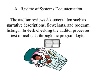 A. Review of Systems Documentation
The auditor reviews documentation such as
narrative descriptions, flowcharts, and program
listings. In desk checking the auditor processes
test or real data through the program logic.
 