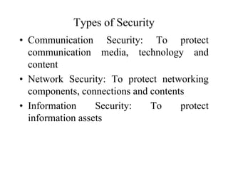 Types of Security
• Communication Security: To protect
communication media, technology and
content
• Network Security: To protect networking
components, connections and contents
• Information Security: To protect
information assets
 