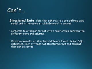 Can't…
Structured Data: data that adheres to a pre-defined data
model and is therefore straightforward to analyze.
• conforms to a tabular format with a relationship between the
different rows and columns.
• Common examples of structured data are Excel files or SQL
databases. Each of these has structured rows and columns
that can be sorted
 