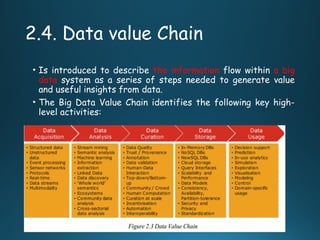 2.4. Data value Chain
• Is introduced to describe the information flow within a big
data system as a series of steps needed to generate value
and useful insights from data.
• The Big Data Value Chain identifies the following key high-
level activities:
 