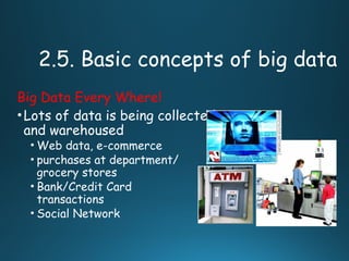 2.5. Basic concepts of big data
Big Data Every Where!
•Lots of data is being collected
and warehoused
• Web data, e-commerce
• purchases at department/
grocery stores
• Bank/Credit Card
transactions
• Social Network
 