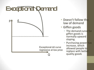 Exceptional Demand Doesn't follow the law of demand Giffen goods The demand curve for giffen goods is normally upward sloping. Purchasing power has increase, which allowed people to replace with better quality goods Exceptional dd curve regressive at low price P Q d 