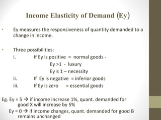 Income Elasticity of Demand (Ey) Ey measures the responsiveness of quantity demanded to a change in income. Three possibilities: i. If Ey is positive  =  normal goods -  Ey >1  -  luxury   Ey ≤ 1 – necessity ii. If  Ey is negative  = inferior goods iii. If Ey is zero = essential goods Eg. Ey = 5    if income increase 1%, quant. demanded for  good X will increase by 5% Ey = 0    if income changes, quant. demanded for good B  remains unchanged 