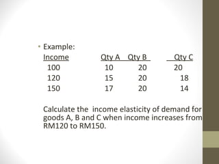 Example: Income Qty A  Qty B    Qty C   100   10   20  20   120   15   20   18   150   17   20   14 Calculate the  income elasticity of demand for goods A, B and C when income increases from RM120 to RM150. 