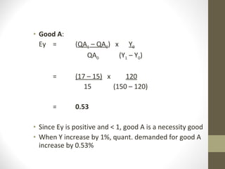 Good A : Ey = ( QA 1  – QA 0 )  x  Y 0   QA 0   (Y 1  – Y 0 ) = (17 – 15)   x  120     15  (150 – 120) = 0.53 Since Ey is positive and < 1, good A is a necessity good When Y increase by 1%, quant. demanded for good A increase by 0.53% 