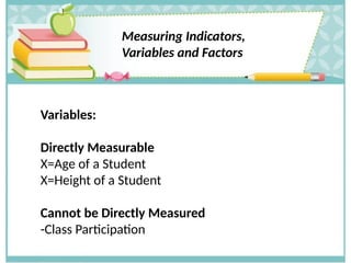 Measuring Indicators,
Variables and Factors
Variables:
Directly Measurable
X=Age of a Student
X=Height of a Student
Cannot be Directly Measured
-Class Participation
 