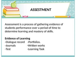 ASSESTMENT
Assessment is a process of gathering evidence of
students performance over a period of time to
determine learning and mastery of skills.
Evidence of Learning
-Dialogue record -Portfolios.
-Journals -Written works
-Test -Learning Task
 