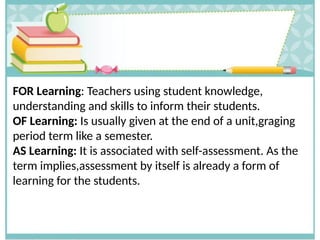FOR Learning: Teachers using student knowledge,
understanding and skills to inform their students.
OF Learning: Is usually given at the end of a unit,graging
period term like a semester.
AS Learning: It is associated with self-assessment. As the
term implies,assessment by itself is already a form of
learning for the students.
 