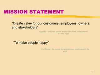 12
MISSION STATEMENT
“Create value for our customers, employees, owners
and stakeholders”
“To make people happy”
Egypt Air – one of the pioneer airlines in the world, headquartered
in Cairo, Egypt
Walt Disney – the number one entertainment conglomerate in the
world.
 
