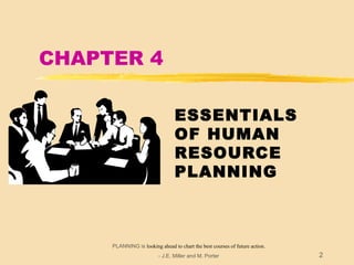 PLANNING is looking ahead to chart the best courses of future action.
- J.E. Miller and M. Porter 2
CHAPTER 4
ESSENTIALS
OF HUMAN
RESOURCE
PLANNING
 