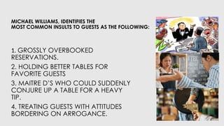 MICHAEL WILLIAMS, IDENTIFIES THE
MOST COMMON INSULTS TO GUESTS AS THE FOLLOWING:
1. GROSSLY OVERBOOKED
RESERVATIONS.
2. HOLDING BETTER TABLES FOR
FAVORITE GUESTS
3. MAITRE D’S WHO COULD SUDDENLY
CONJURE UP A TABLE FOR A HEAVY
TIP.
4. TREATING GUESTS WITH ATTITUDES
BORDERING ON ARROGANCE.
 