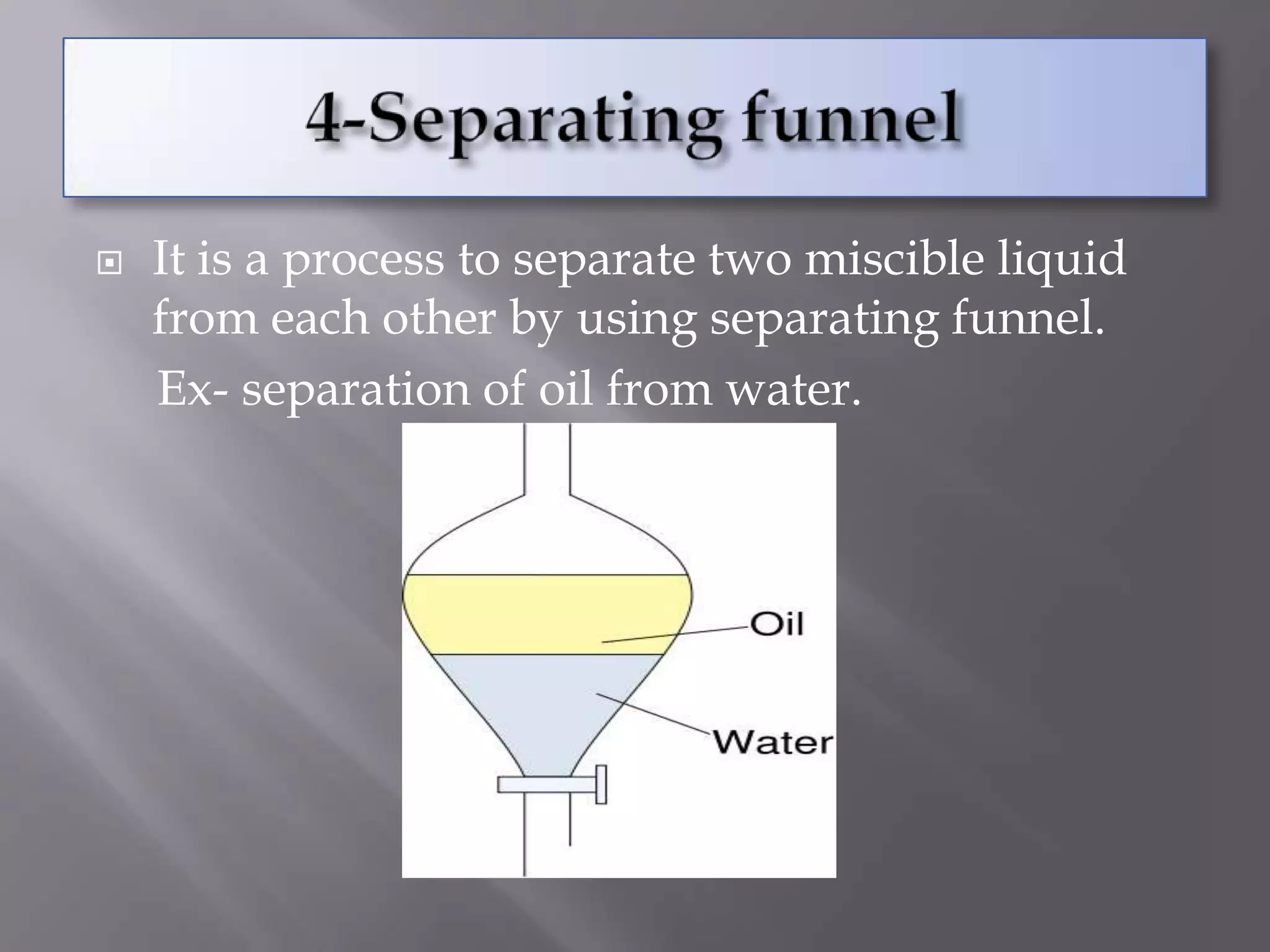 

It is a process to separate two miscible liquid
from each other by using separating funnel.
Ex- separation of oil from water.

 