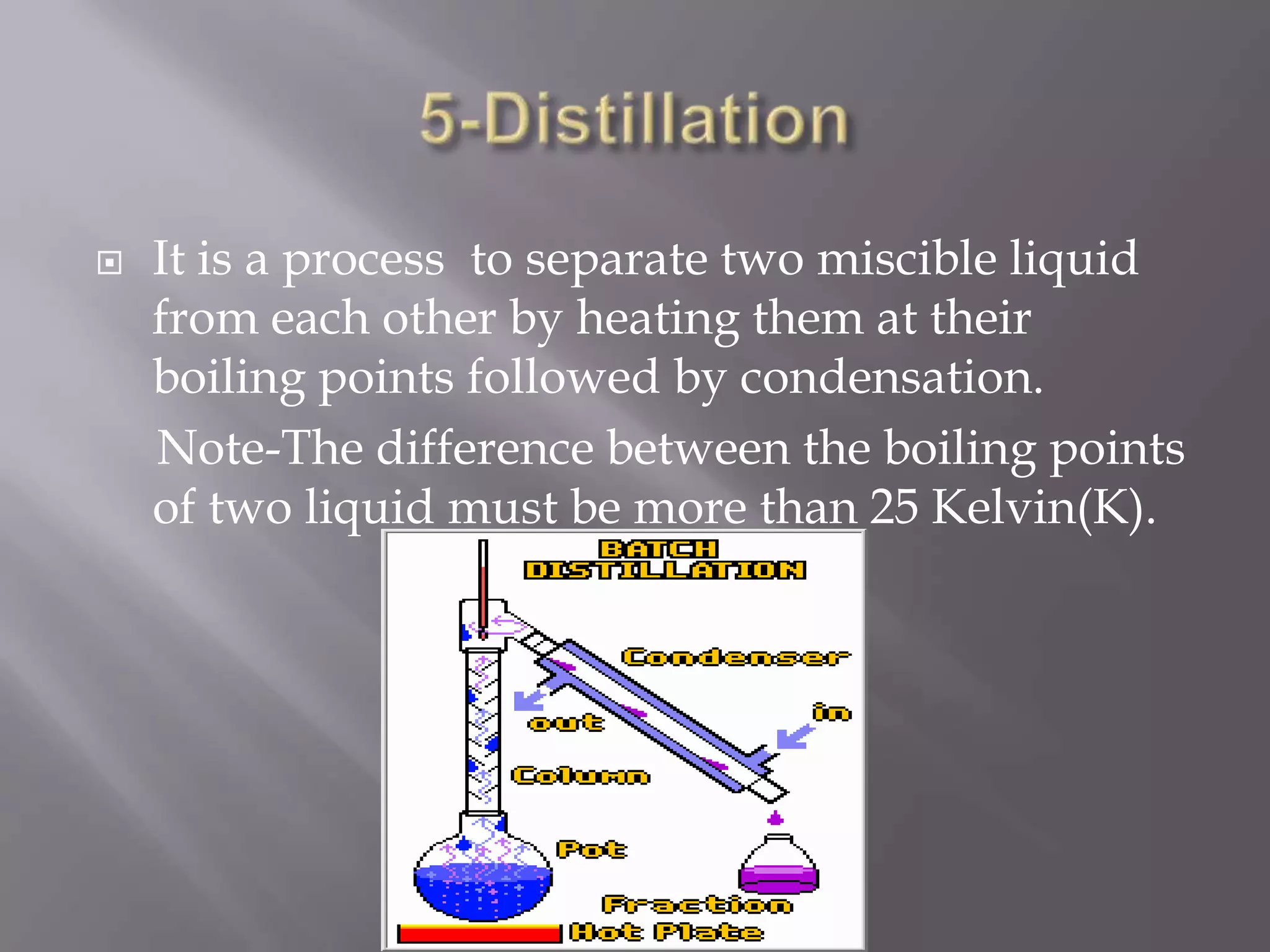 

It is a process to separate two miscible liquid
from each other by heating them at their
boiling points followed by condensation.
Note-The difference between the boiling points
of two liquid must be more than 25 Kelvin(K).

 