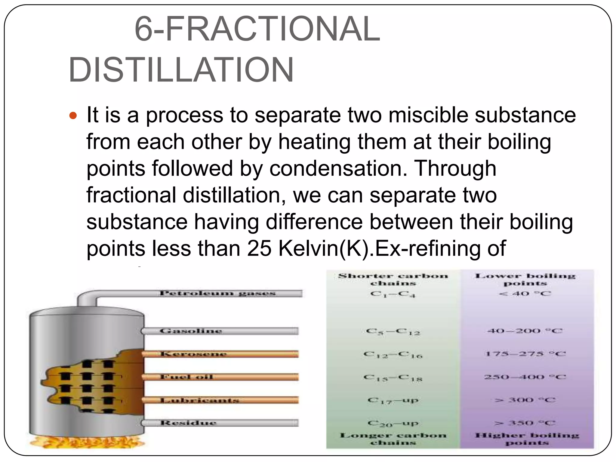 6-FRACTIONAL
DISTILLATION
 It is a process to separate two miscible substance

from each other by heating them at their boiling
points followed by condensation. Through
fractional distillation, we can separate two
substance having difference between their boiling
points less than 25 Kelvin(K).Ex-refining of
petroleum

 