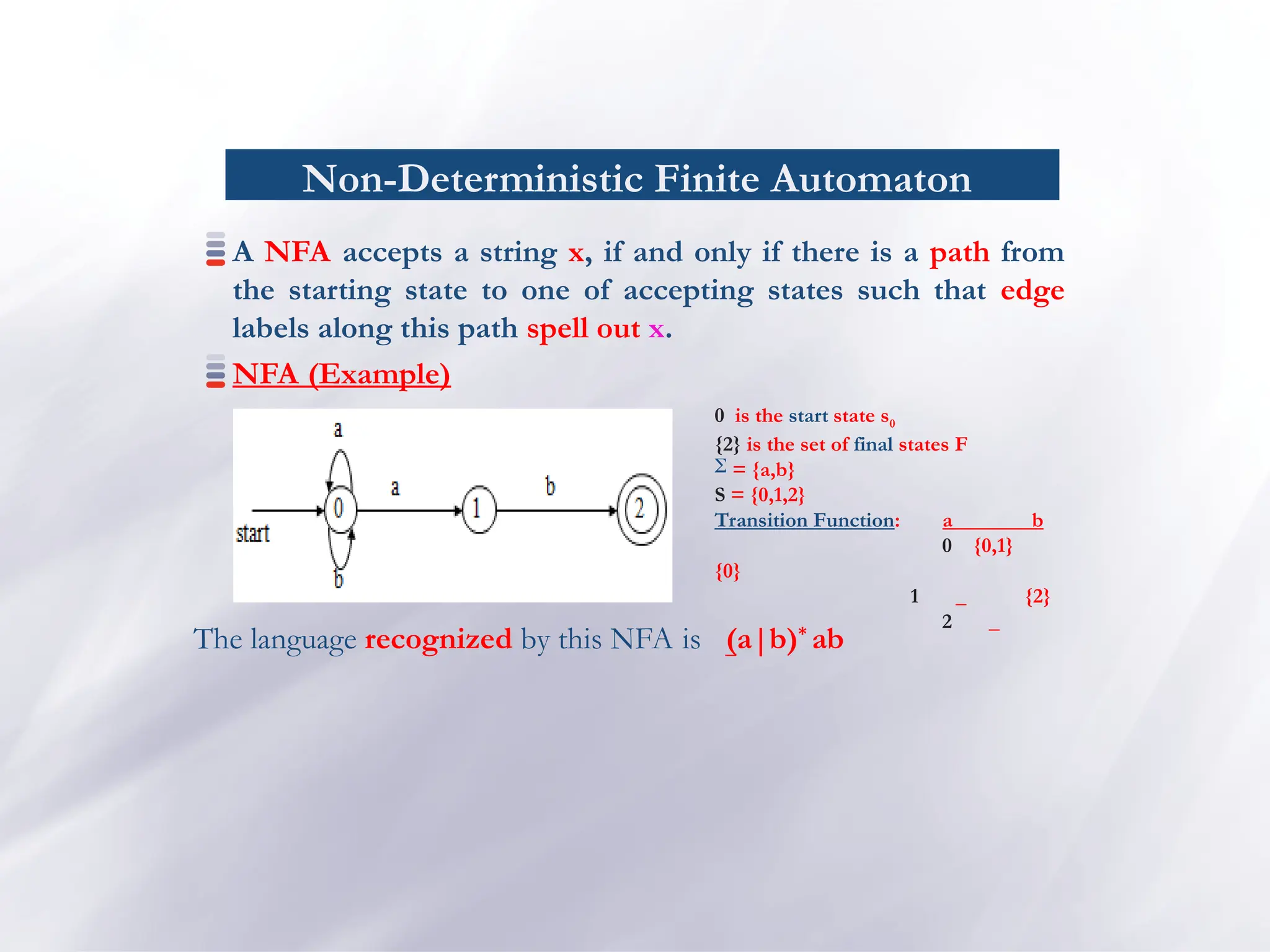 Non-Deterministic Finite Automaton
A NFA accepts a string x, if and only if there is a path from
the starting state to one of accepting states such that edge
labels along this path spell out x.
NFA (Example)
0 is the start state s0
{2} is the set of final states F
 = {a,b}
S = {0,1,2}
Transition Function: a b
0 {0,1}
{0}
1 _ {2}
2 _
_
The language recognized by this NFA is (a|b)*
ab
 