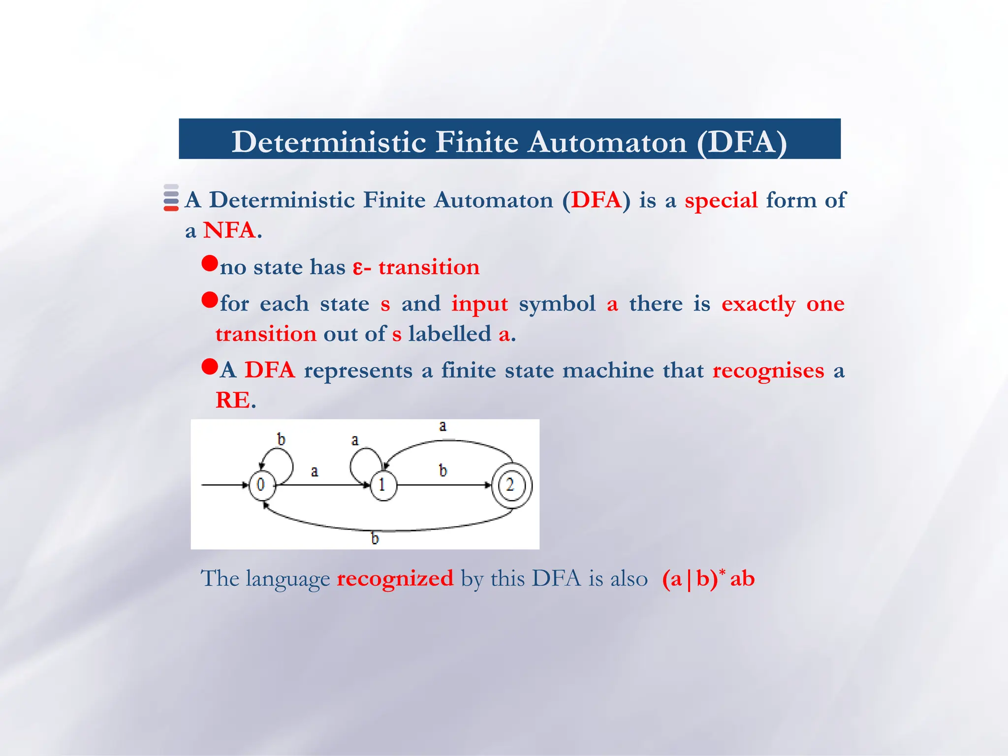 Deterministic Finite Automaton (DFA)
A Deterministic Finite Automaton (DFA) is a special form of
a NFA.
no state has - transition
for each state s and input symbol a there is exactly one
transition out of s labelled a.
A DFA represents a finite state machine that recognises a
RE.
The language recognized by this DFA is also (a|b)*
ab
 