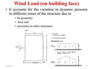 44
Wind Load (on building face)
• It accounts for the variation in dynamic pressure
in different zones of the structure due to
• Its geometry
• Area and
• proximity to other structures
2/29/2024
 