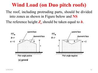 Wind Load (on Duo pitch roofs)
The roof, including protruding parts, should be divided
into zones as shown in Figure below and NS
The reference height Ze should be taken equal to h.
52
2/29/2024
 